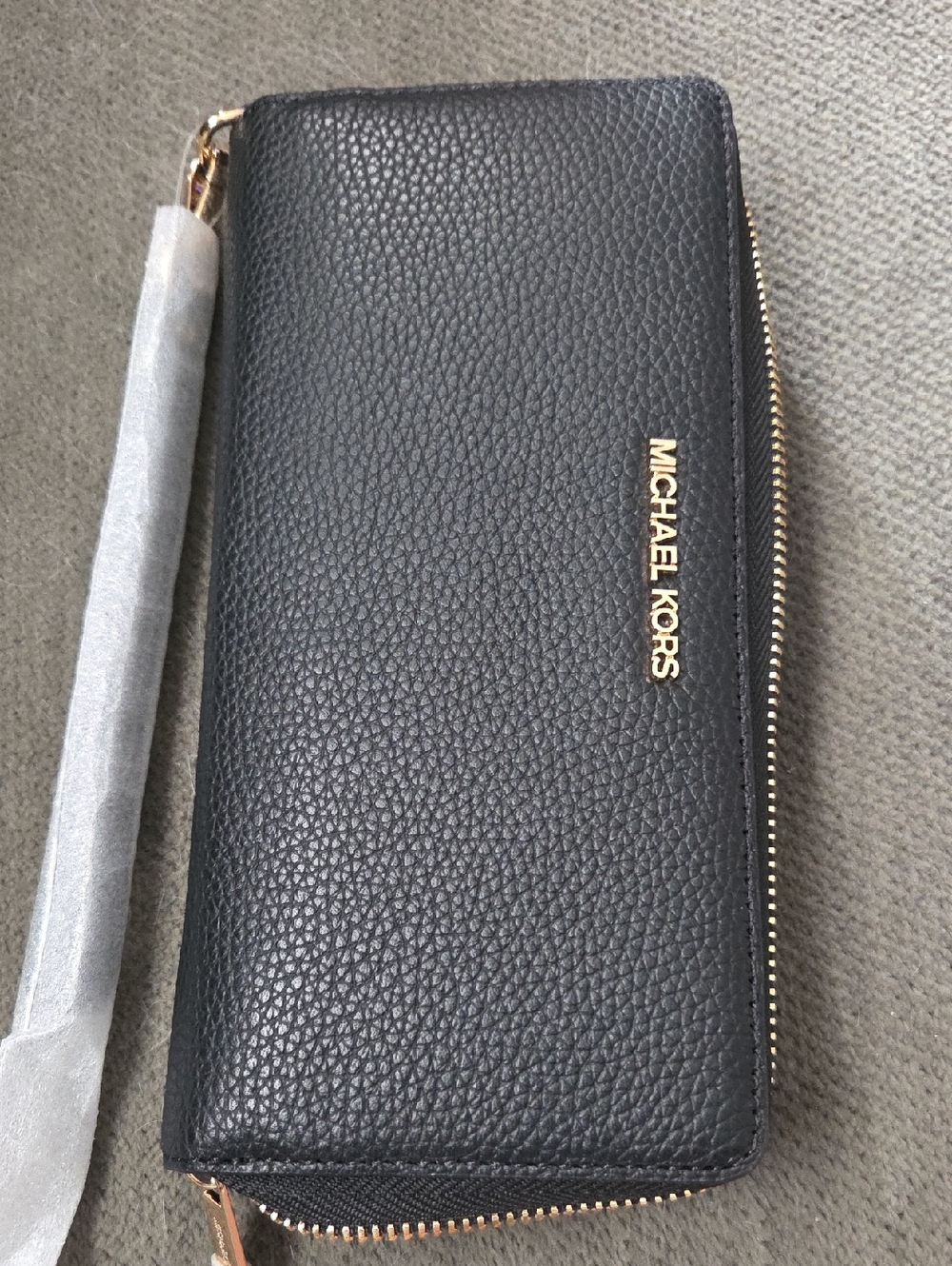Michael Kors Black Pebbled Leather Zip-Around Wristlet Wallet with Gold Hardware